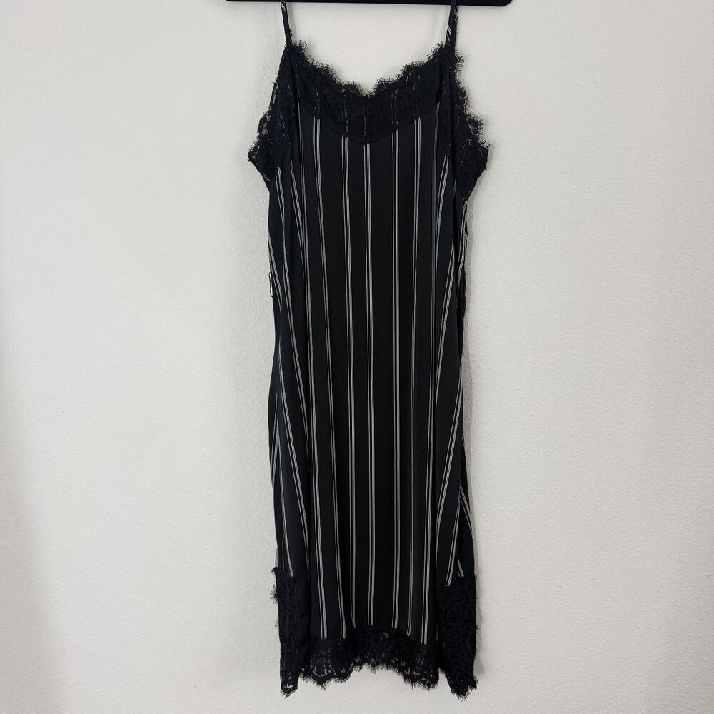 Y2K Lace Slip Dress Black White Striped Womens Medium Whimsy Goth Wednesday